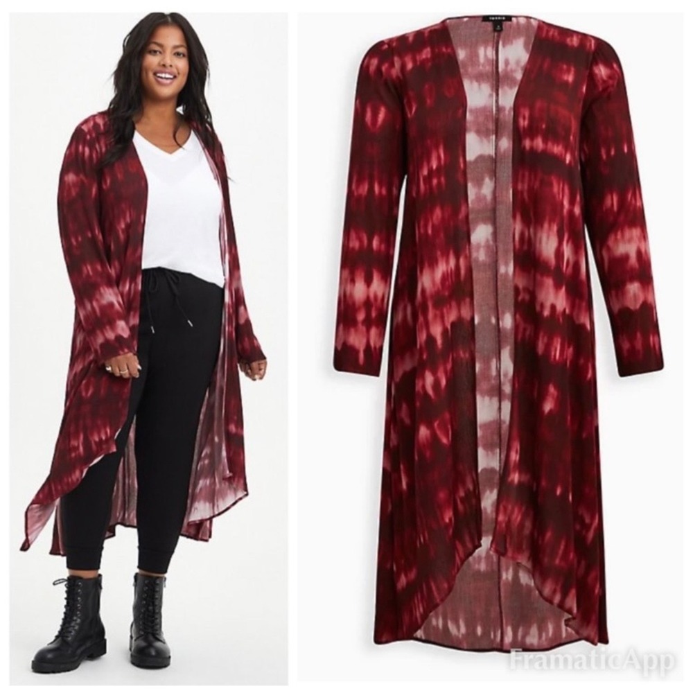 Torid Womens Burgundy Tie Dye Open‎ Front Duster Kimono 15380152 Sz 1 #338